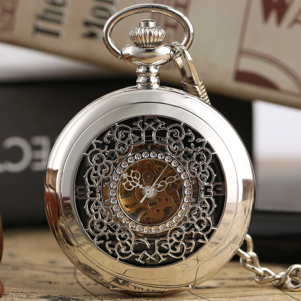 Moda srebrny stal mechaniczny zegarek kieszonkowy Steampunk mężczyźni kobiety naszyjnik zegar prezent FOB rocznika pusta zegarek kieszonkowy P802
