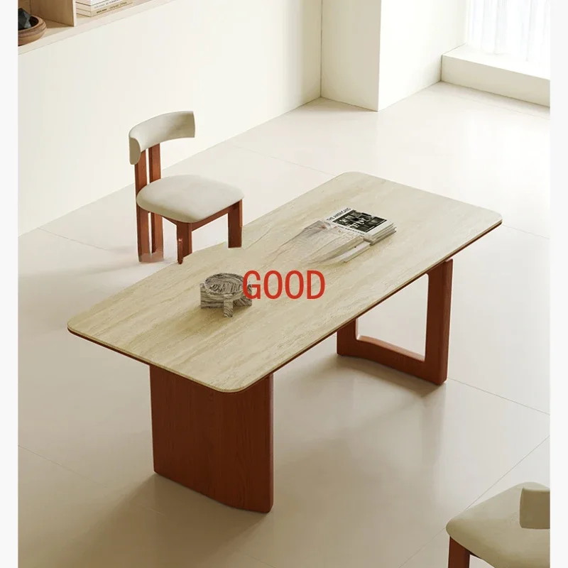 Modern Mid-Ancient Style Solid Wood Stone Plate Dining Table and Chair Simple Household Restaurant Rectangular Cave Stone