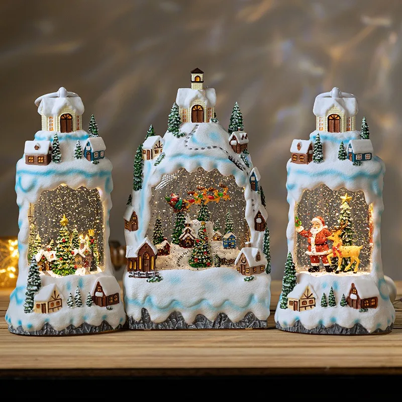 

Enchanted Christmas Village Set with LED Light Resin House Decor Santa Claus Reindeer Gift Tabletop Display for Xmas Holiday