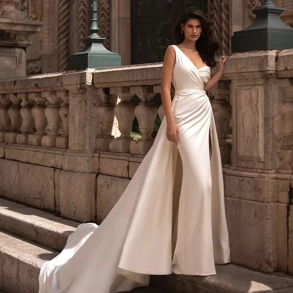 Vestidos de casamento gola V com trem varrida, vestido de noiva, fenda lateral, um ombro, babados, novo, verão, 2022