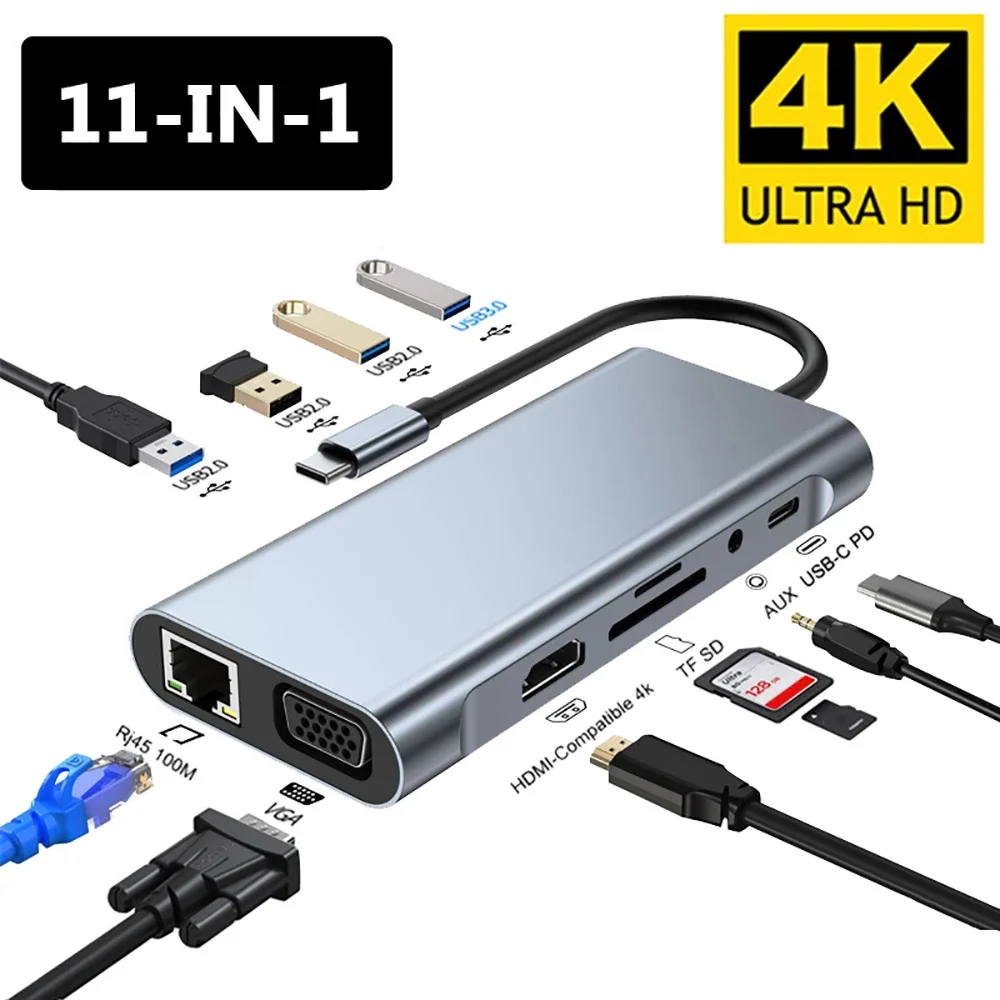 

Док-станция 11 в 1, USB 3,0, разветвитель, 4K, HDTV, VGA, PD, RJ45, 100 м