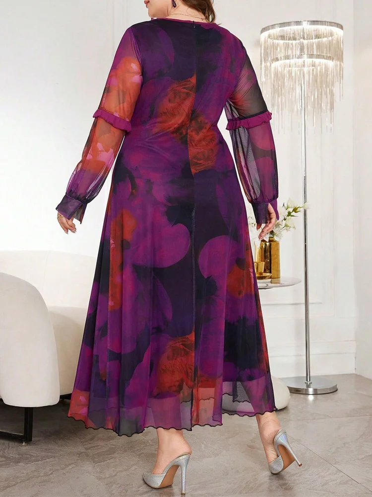GIBSIE Plus Size Frill Trim V-Neck Tie Dye Mesh Long Dress Women's Elegant Long Sleeve Vacation Party A-Line Dresses 2026 New