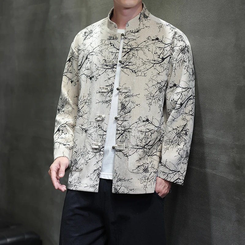 Men's Retro Chinese Style Jacket with Frog Buttons and Branch Pattern Traditional Stand Collar Coat Vintage Ethnic Casual Tops