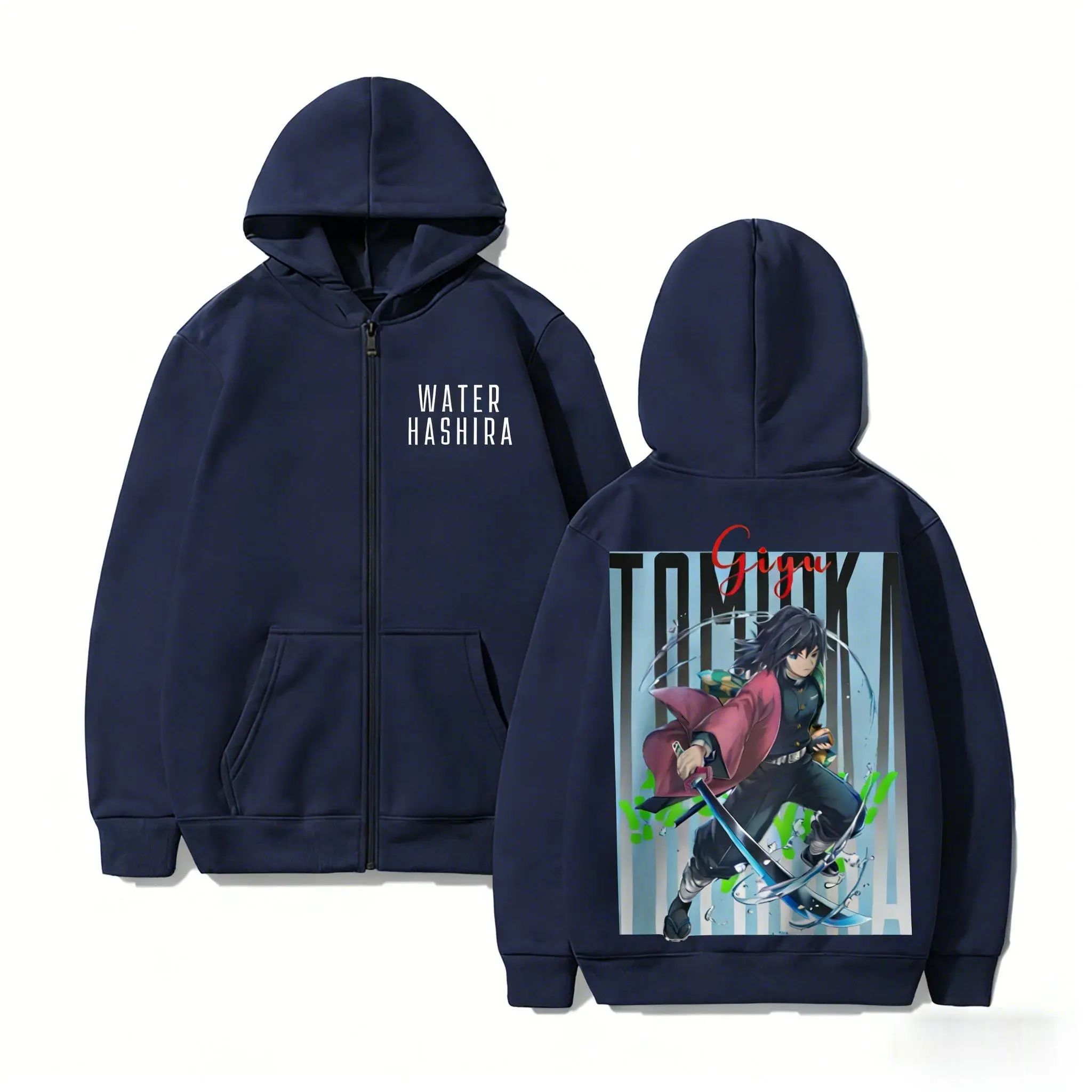 شيطان القاتل Giyu زمم هوديي المياه هاشيرا أنيمي سترة الرجال النساء 2026 عادية المتضخم الشارع الشهير مقنعين البلوز سترة #1