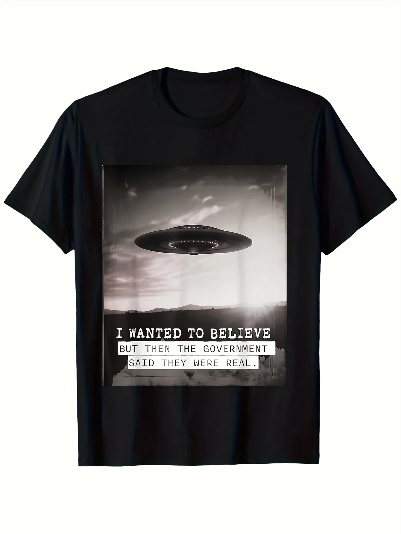 New 1pc, I Want to Believe in The Alien Conspiracy Theory UFO Satire Men'S T-Shirt
