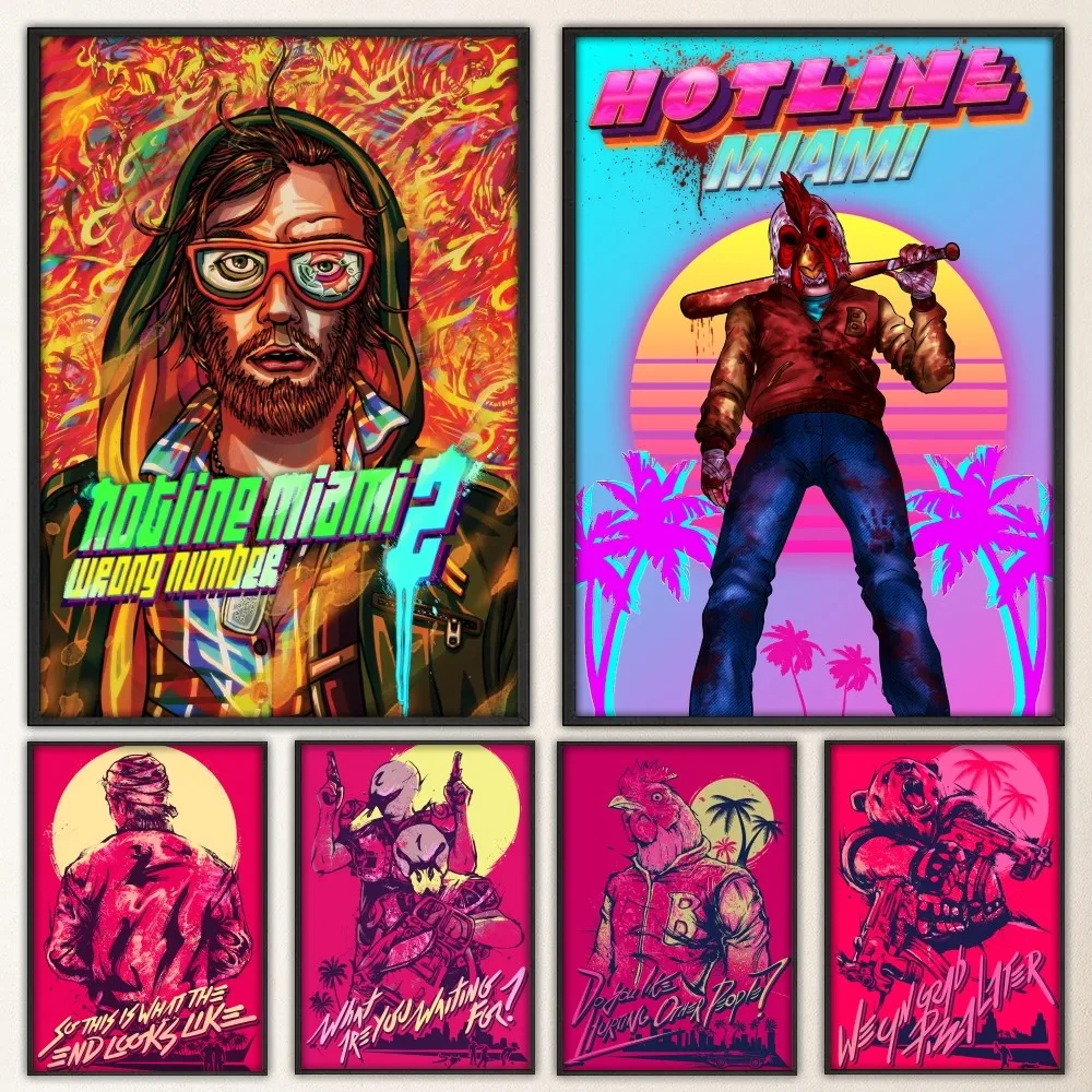 H-Hotline Miami Game Prints Poster Wall Painting Bedroom Living Room Wall Bar Restaurant Sticker Large