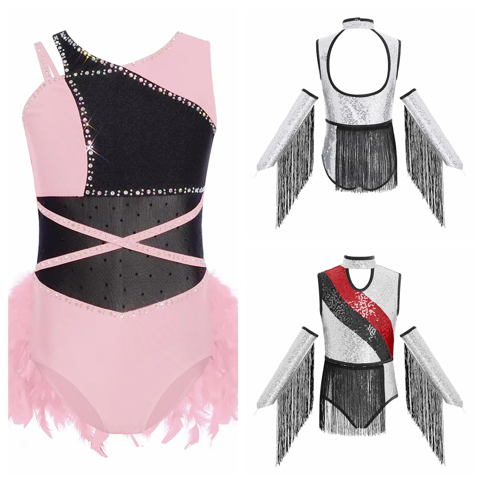 Kinder-Tops für Mädchen, Farbblock-Jumpsuit mit glänzenden Strasssteinen, Salsa-Feder-Latin-Tanz-Trikot, Chacha-Tango-Rumba-Ballett-Bodysuit