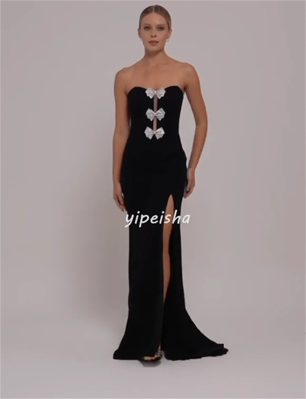 Moda personalizada clássico jérsei arco plissado em linha reta sem alças vestidos longos sob medida vestidos de ocasião estilo moderno combinando sexy