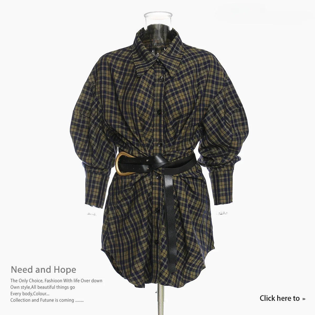 

2024 Autumn Checkered Shirt Women's New Loose Korean Vintage Edition with Belt Medium length Shirt Skirt