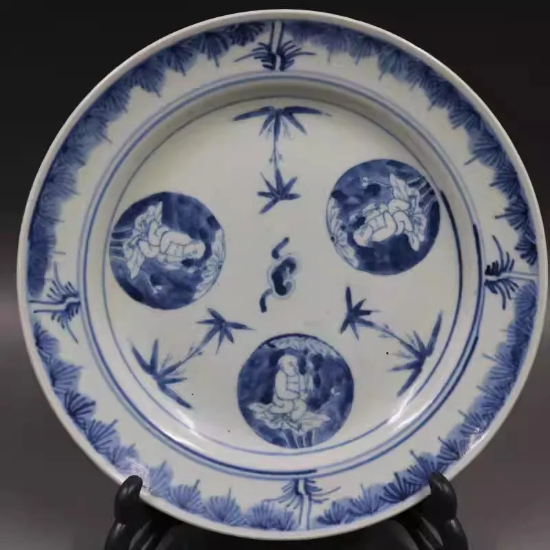 Chinese Blue and White Porcelain Plate Qing Kangxi Kids Lotus Pattern 8.3 inch