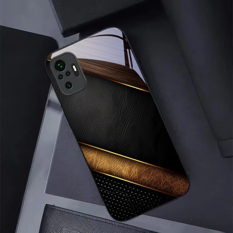 Gold Trim Leather Black Glass Phone Case For Redmi Note 13 Pro+ 14 Pro 8 9 T 9S 12S 10 Pro 11 12 A3 12S 13C K60 Ultra 14C Cover