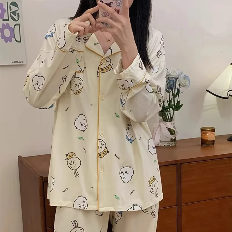 Kawaii Chiikawa Women's Sleepwear Homewear Set Japanese-Style Hachiware Long Sleeved Pants Pajama Usagi Sweet Fashion Nightwear - view 2