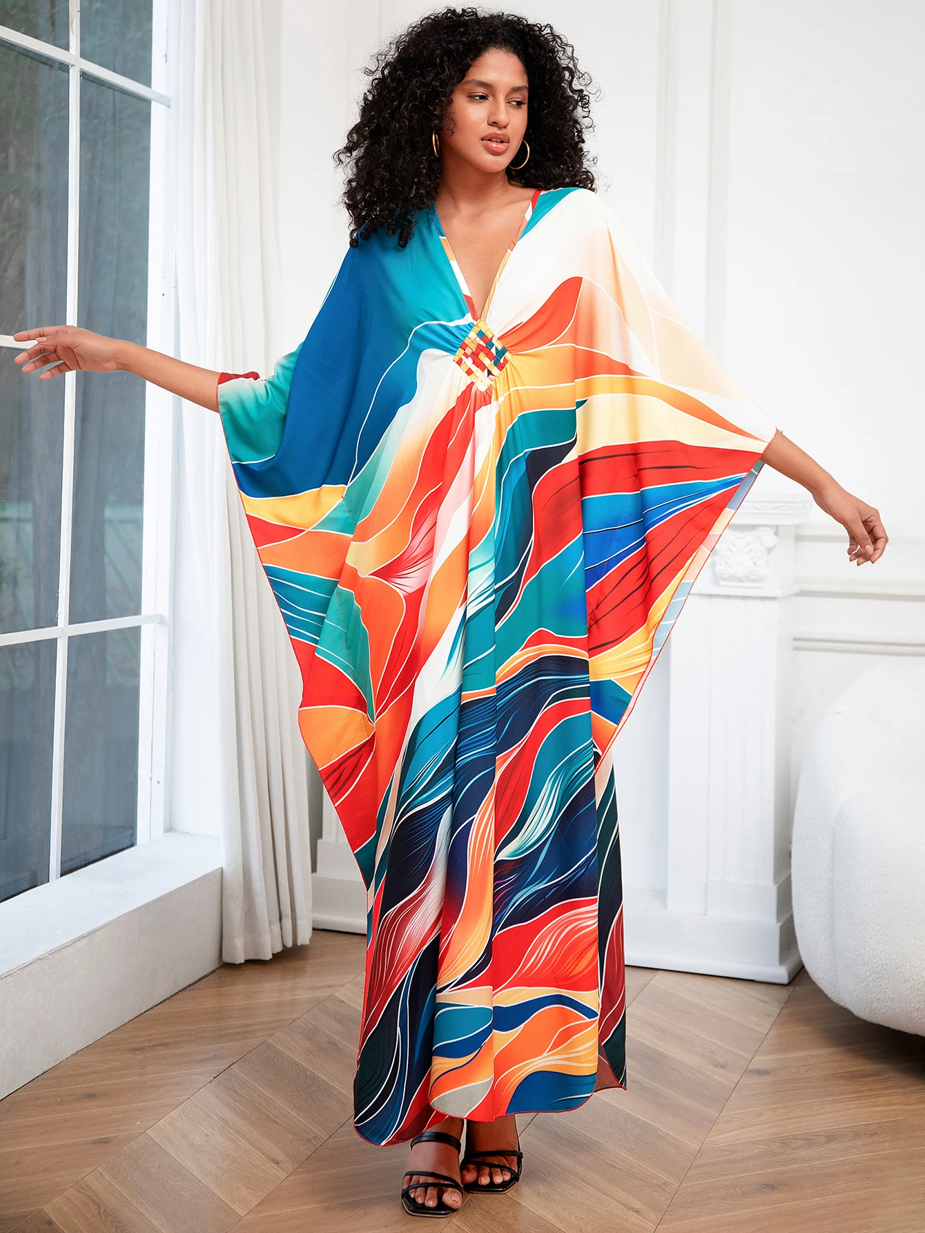 Seksowne Bikini pokrowce wielokolorowa sukienka plażowa Plus Size 2024 lato V dekolt luźny Kaftan strój kąpielowy narzutka plażowa Q1634