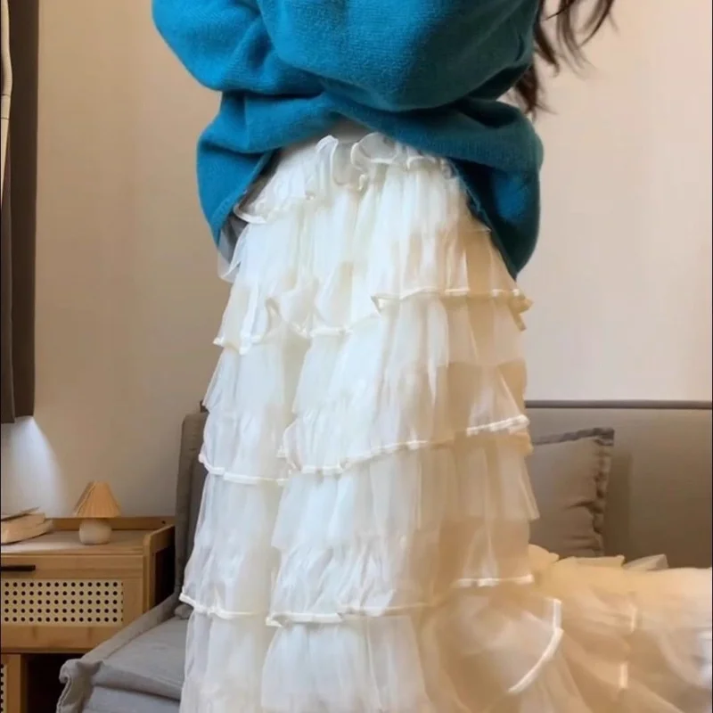 

Sweet Girl Feeling Mesh Cake Skirt High Waist A-Line Midi Dress Versatile Long Skirts Spring New Style Casual Polyester Fabric