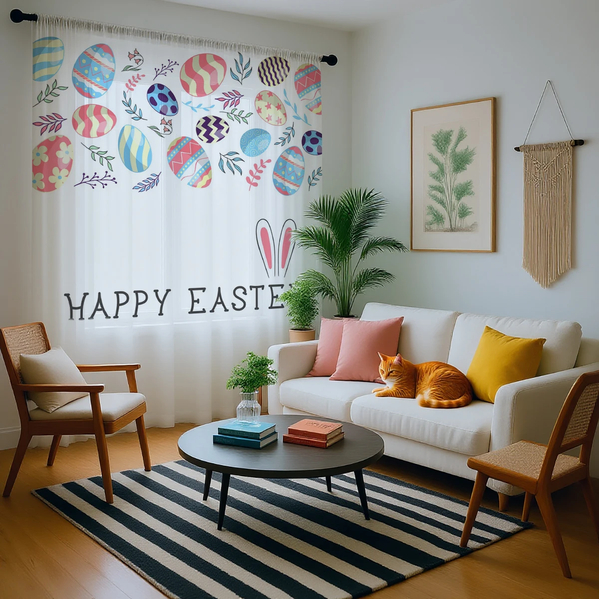 1 Pc Happy Easter Cute Egg Rabbit Sheer Curtain - Translucent, Light Reducing, Privacy Protection, Rod Pocket, for Living Room