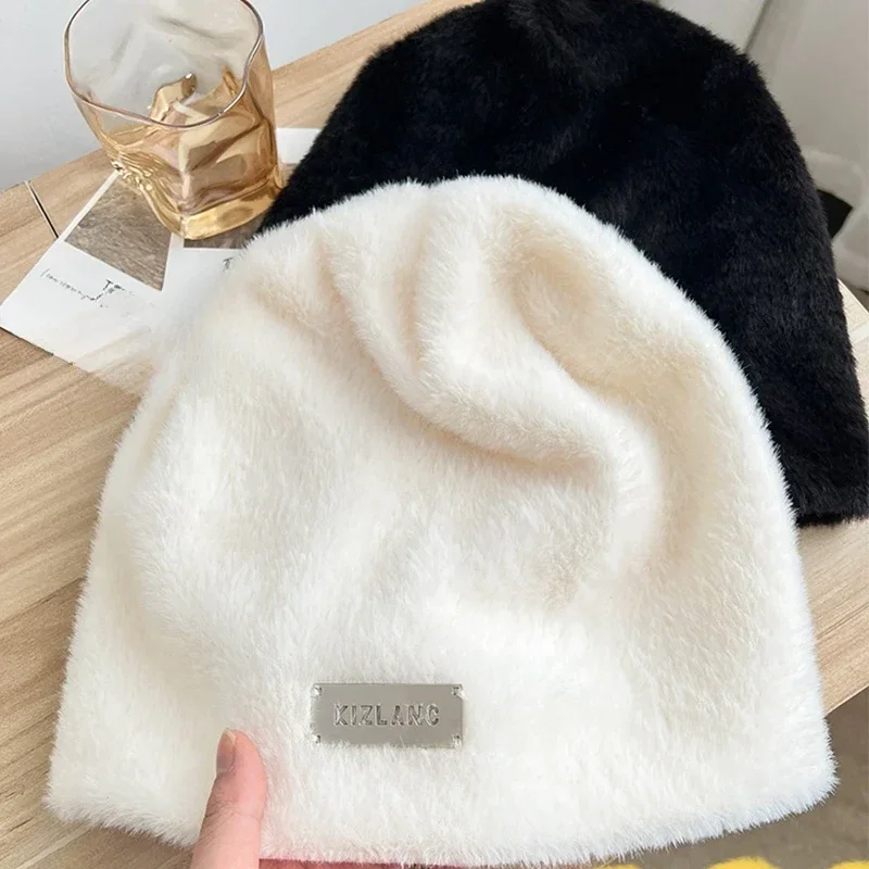 2023 NEW Women Plush Beanies Hats Winter Warm Solid Baggy Fleece Wool Skullies Hat Outdoor Coldproof Thicken Caps Female Gorros