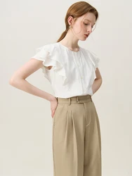 FSLE-Chemise française blanche à manches courtes et col rond pour femme, haut décontracté, tempérament, été, 24FS12151