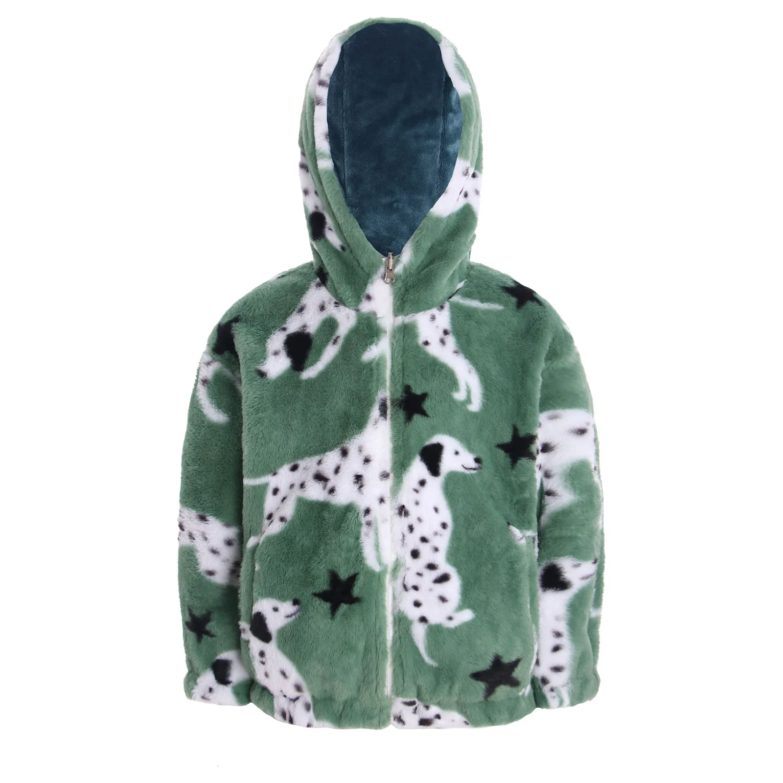 

Kids Girls Faux Fur Hoodie Fleece Jacket Dog Printed Long Sleeve Zipper Hooded Coat Outerwear for Fall Winter Outfits Costumes