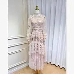 Summer Autumn Fashion Flower Embroidery Lace Prom Evening Dress Women Long Sleeve Layers Wooden Ear Edge Midi Cake Dresses Party