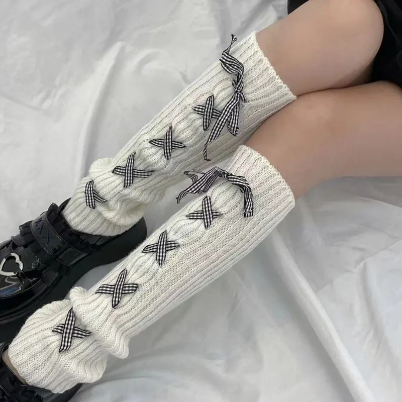 Women Cross-strap Bowknot Leg Warmers Japanese Cute JK Ribbon Knitted Mid-calf Leg Covers White Stackable Socks Autumn Winter