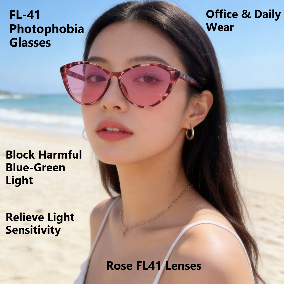 SHINU Women FL-41 Tint Glasses, Rose FL41 Lenses Office Fluorescent 480-520nm Light Blocking Migraine Light Sensitivity Eyewear