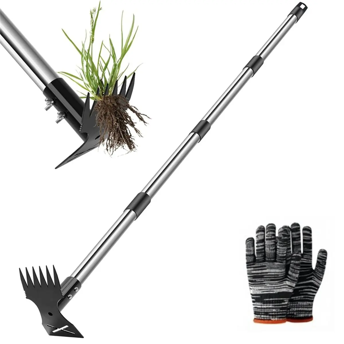 Stand Up Weeder Puller Tool Set with Dual Head Adjustable Metal Long Handle for Garden Lawn Yard with Work Gloves