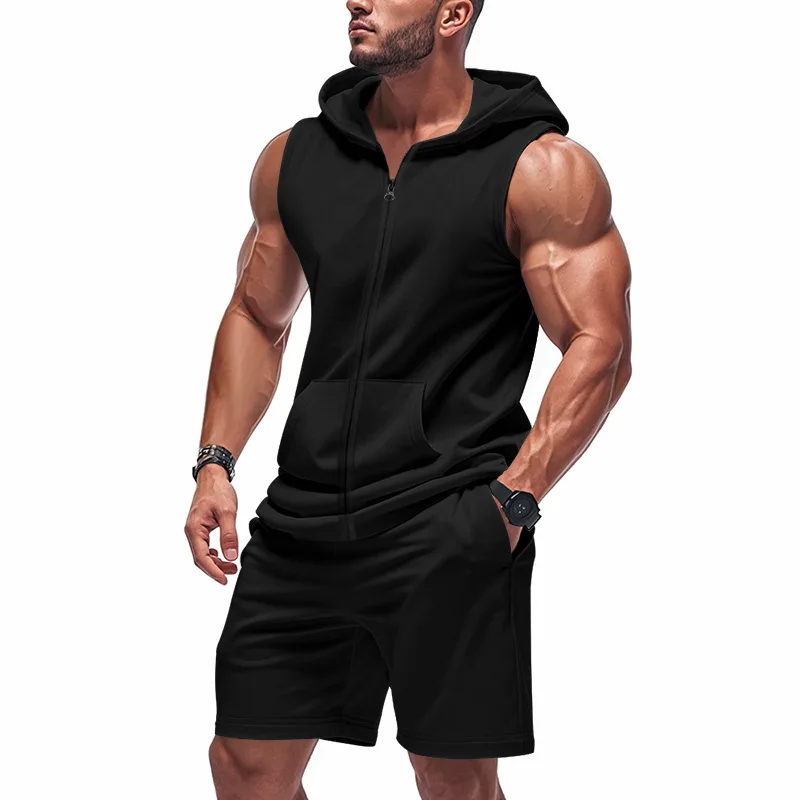 

Summer Men's Fitness Sportswear Set Zipper Hooded Breathable Vest And Loose Shorts Casual Two-Piece Outfit for Active Wear