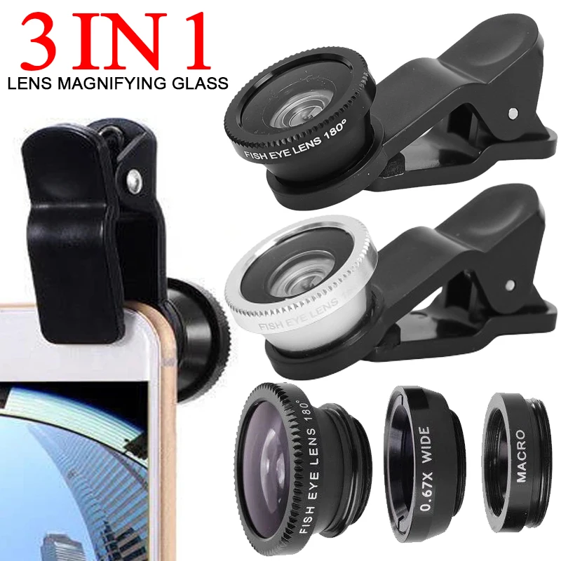 3 in 1 Mobile Phone Lens Wide Angle Magnifying Glass Fish Eye 4K Phones Camera Len Clip Multifunction Selfie Kit Photography Set