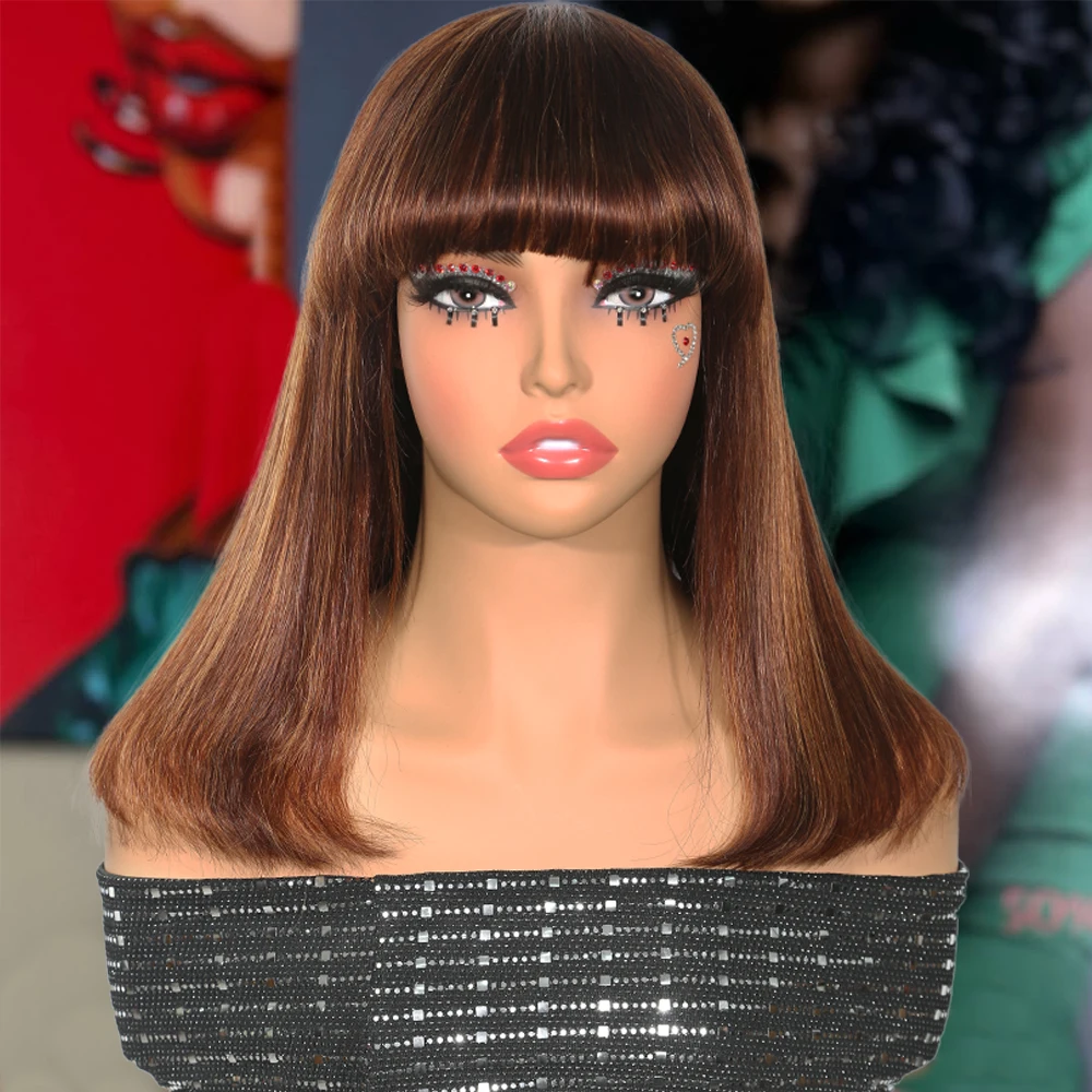 

3/33 Highlight Brown Straight Bob Wig with Bangs Human Hair Wigs 150% Silk Straight 100% Human Hair Full Machine Made Fring Wig