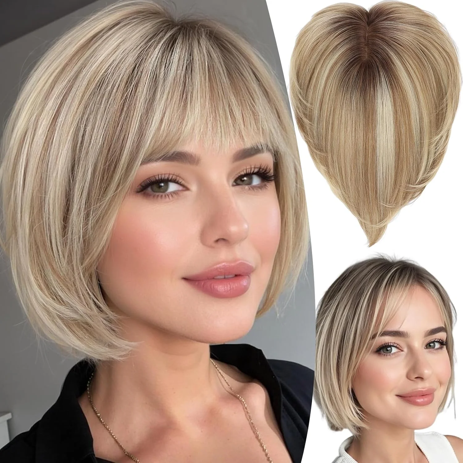 

10-Inch Human Hair Topper for Women 6.5x6.5 Inch Silk Base Ombre Blonde with Brown Side-parted Short Bob Hair Topper With Bangs