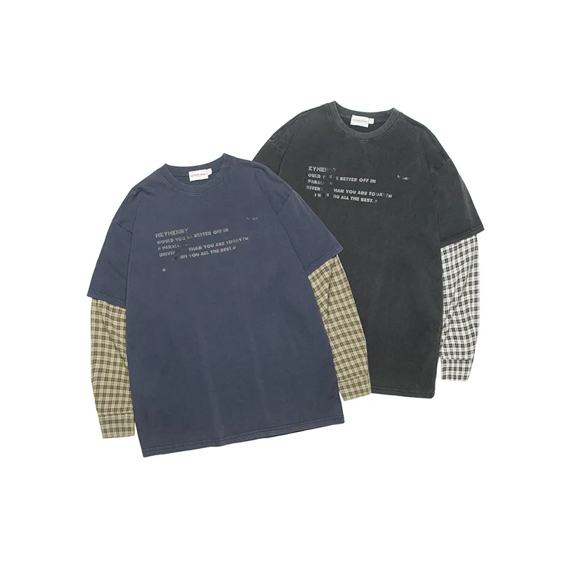 الملابس النسائية بلايز خمر المرأة وهمية قطعتين الرجعية رسالة مطبوعة بأكمام طويلة زوجين تي شيرت مع بلايز الألوان المتناقضة