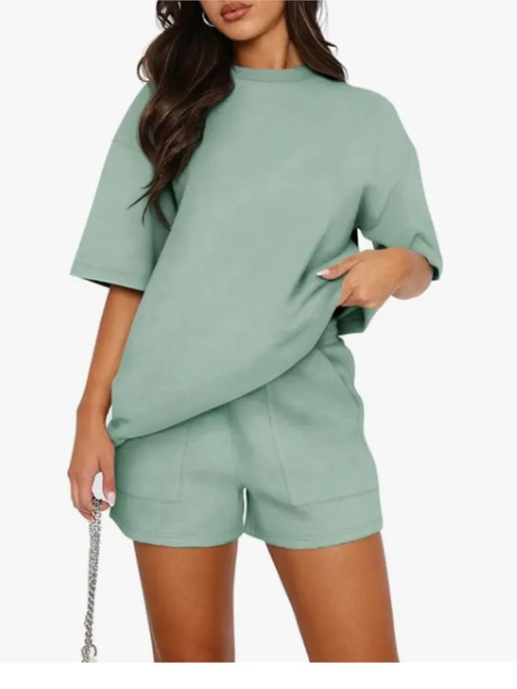 

New Fashion Summer Solid Casual Suit Elegant Casual O Neck Short Sleeve Short Pants Set Of 2 Pieces Holiday Womens Clothing