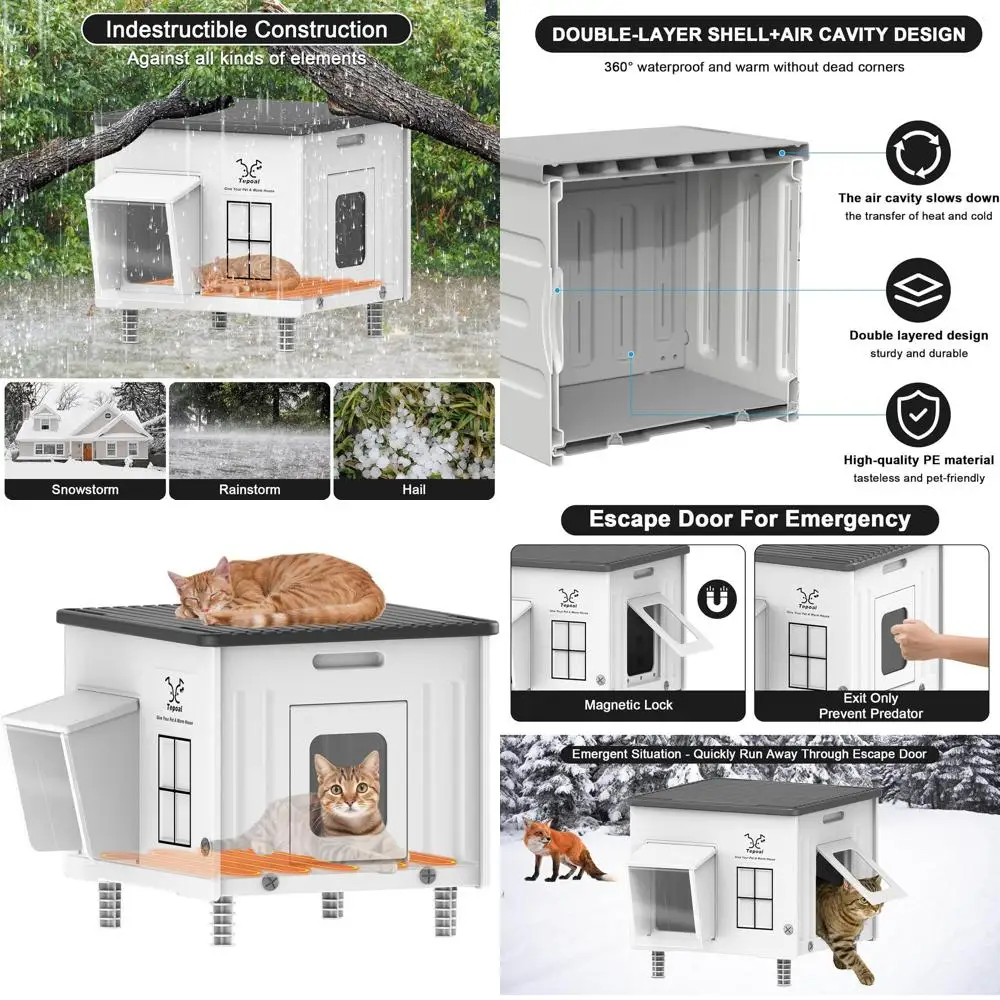 

Insulated Outdoor Cat Shelter with Heater, Weatherproof Escape Door, Elevated House for Feral Stray Cats, 17.7x17x17.5