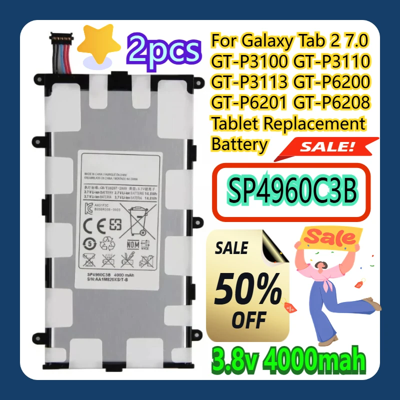 

For Galaxy Tab 2 7.0 GT-P3100 GT-P3110 GT-P3113 GT-P6200 GT-P6201 GT-P6208 SP4960C3B Tablet Replacement Battery 2pcs