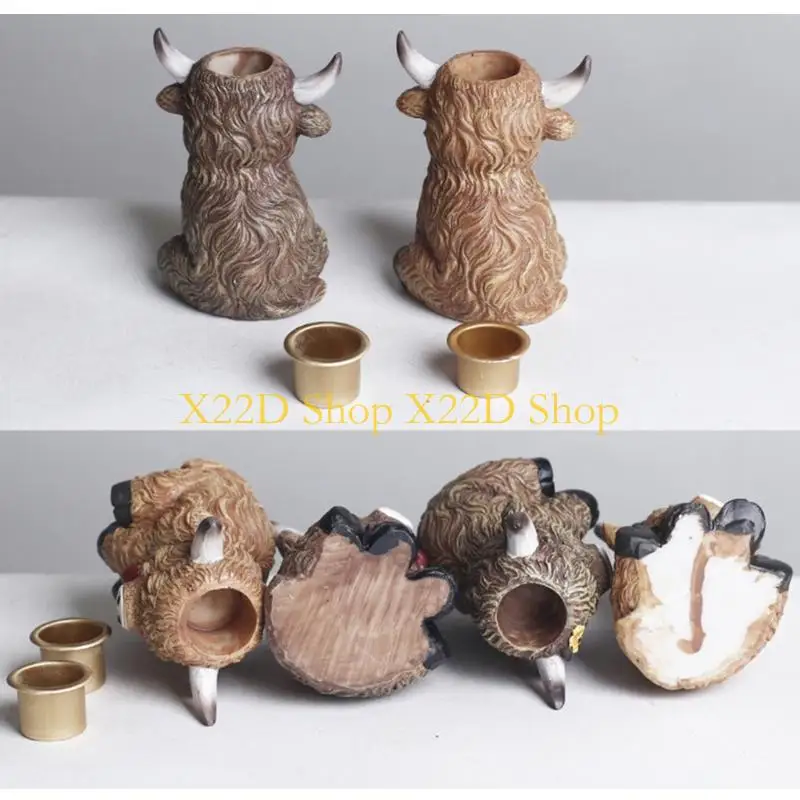 X22D High Land Cow Figurine Resin Taper Holders For Desk Or Shelf Display Decors