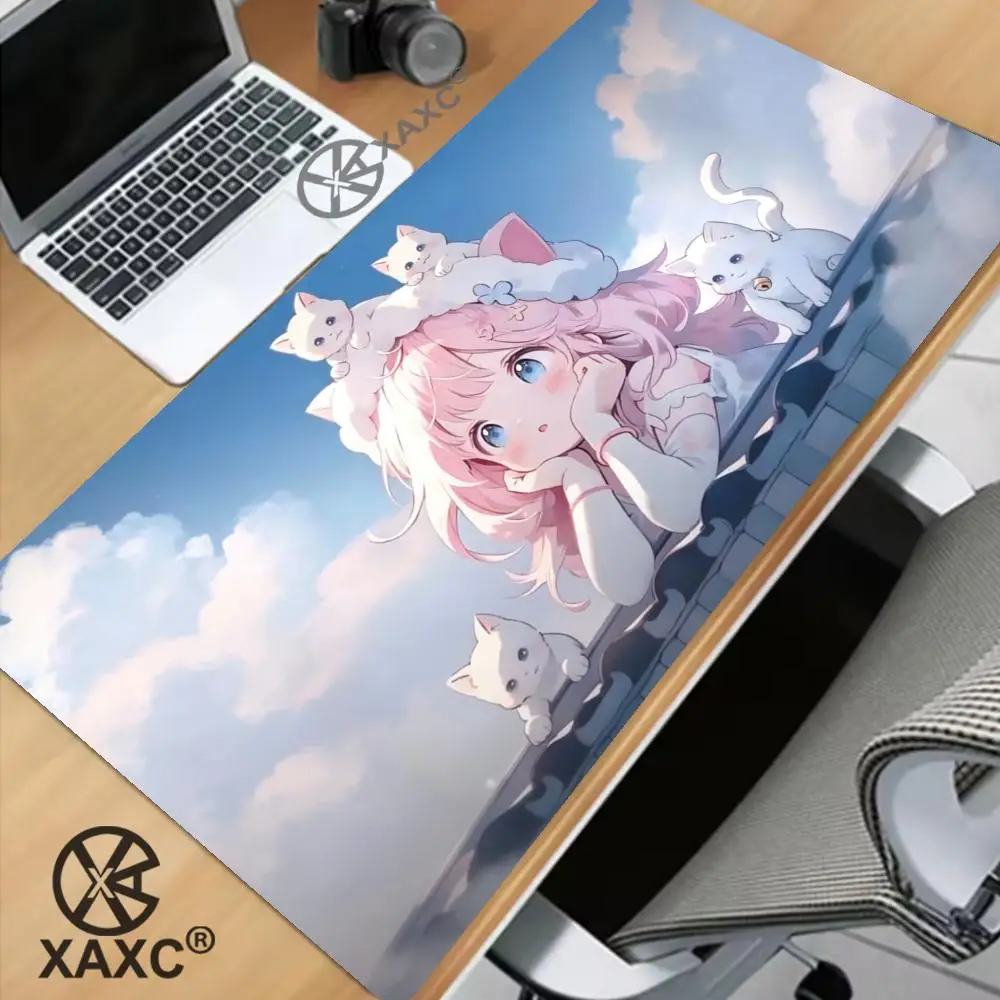 mouse pad 900x400 Cat and Girl Pc Gamer Kawaii Desk Accessories Computer Table Keyboard mousepad Cabinet Anime Mats Gaming  XAXC