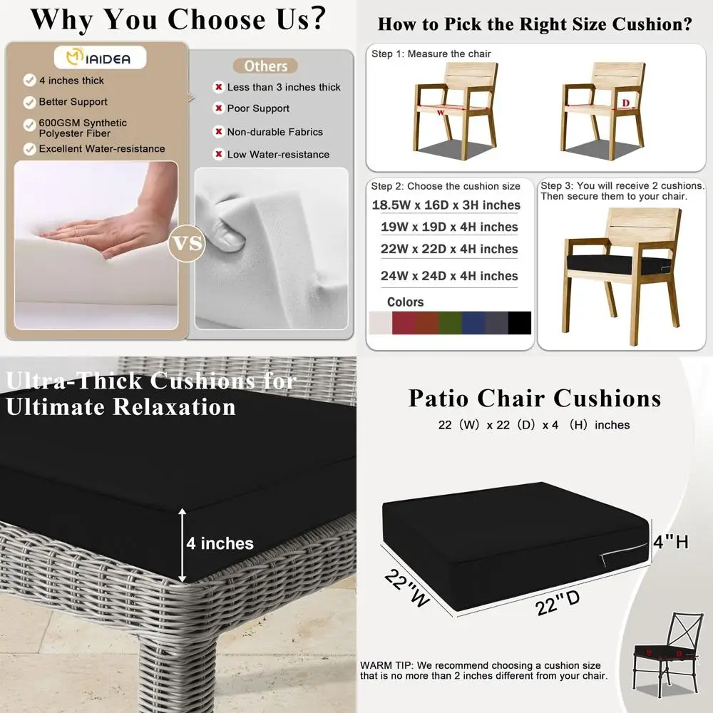 

Set of 2 Waterproof Outdoor Patio Chair Cushions, 22x22x4 Inches, Black, with Ties and Handle