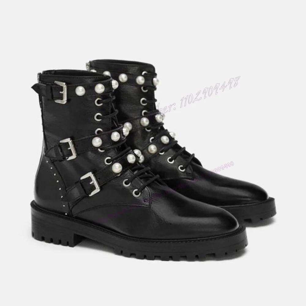 Black Strappy Pearl Decor Men's Boots Buckle Cross Tied Chelsea Shoes for Men Punk Handmade New Style Shoes Zapatos Para Hombres