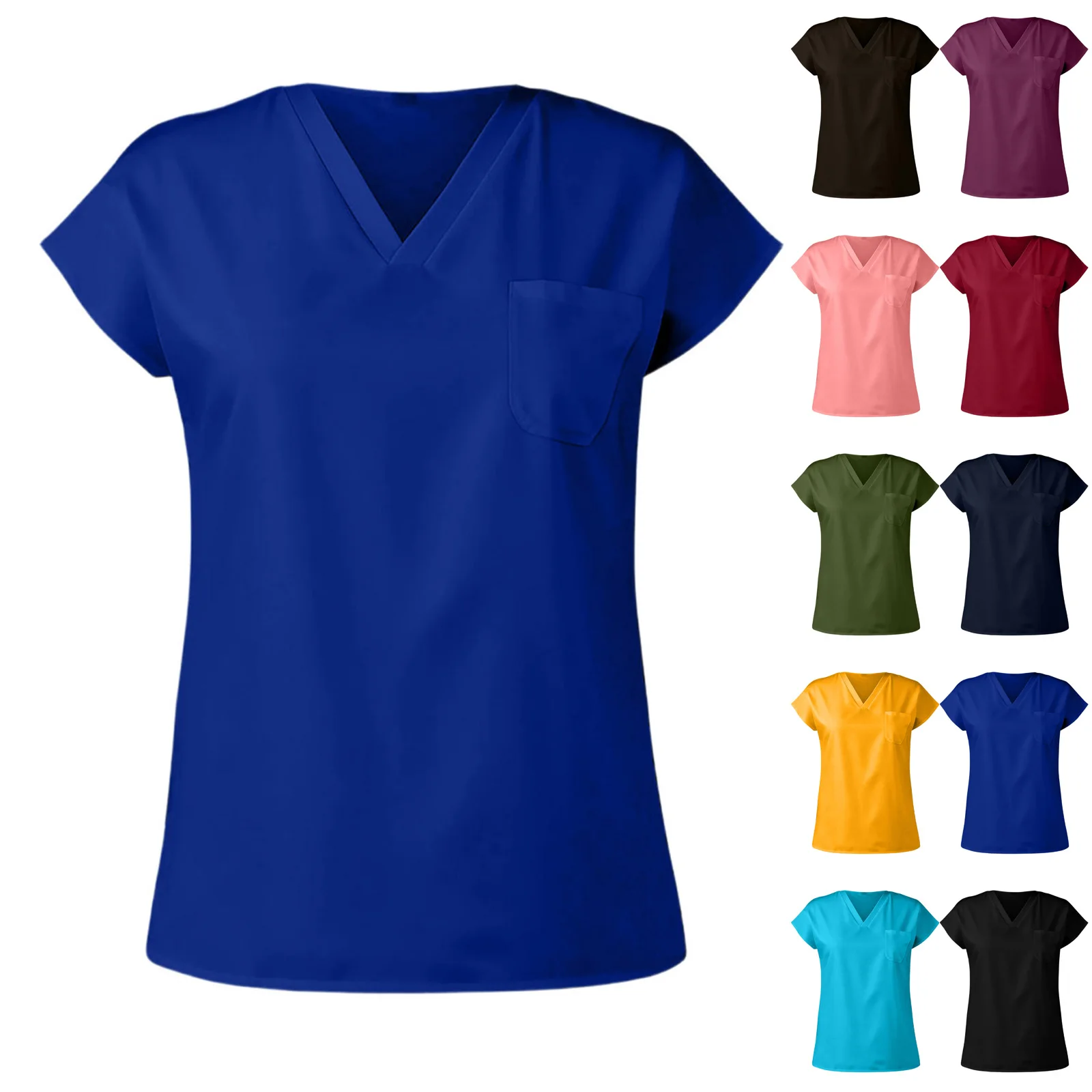 

Women's Fashionable V Neck Short-sleeved Work Uniform With Pockets Color Top For Caregivers
