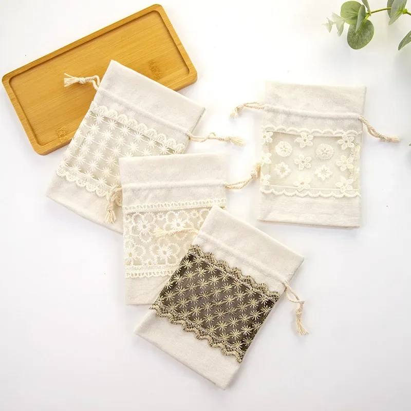 Beautiful Canvas Drawstring Bags Transparent Lace Window Storage Bags New Year Candy Bag Christmas Gift Bags