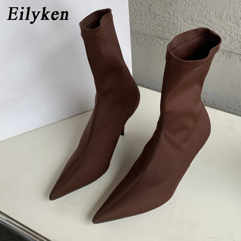 Eilyken Candy Colors Stretch Fabric Ankle Boots For Women Pointed Toe Fashion Short Booties Spring Autumn Thin High Heels Shoes