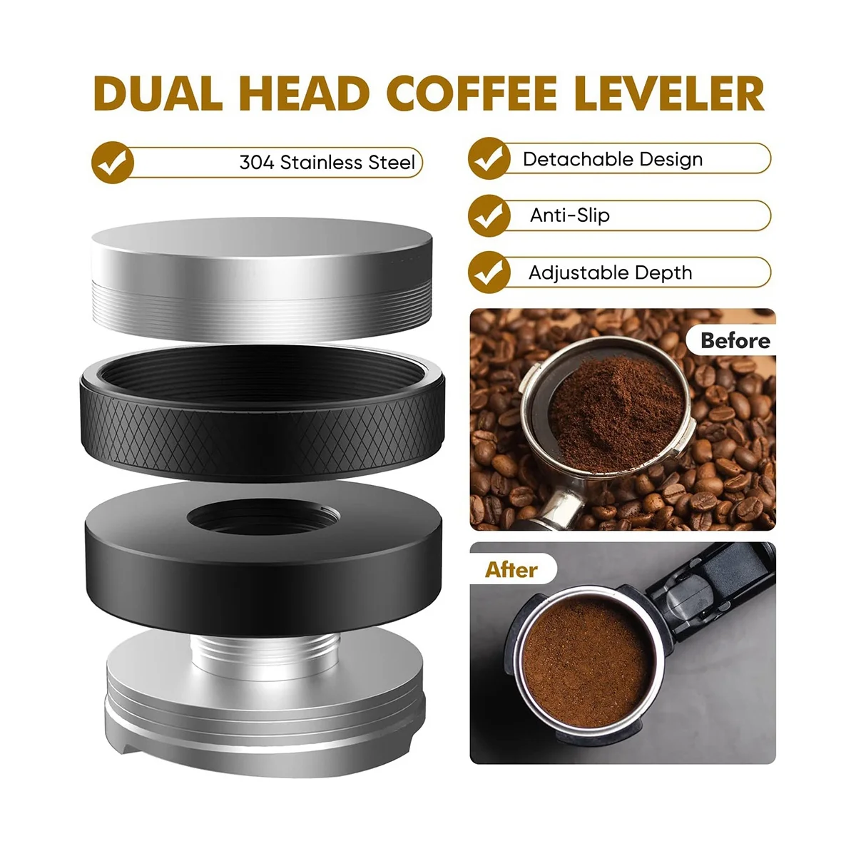 ที่กดกาแฟและเครื่องกระจายผงกาแฟขนาด 51 มม., ชุดกรวยตวงเอสเพรสโซ่สแตนเลสขนาด 51 มม., ตัวปรับระดับกาแฟแบบสองหัว-HIM