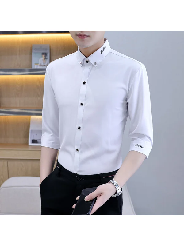 

Men's Ice Silk Seven-Arm Shirt Korean Trendy Short-Sleeve Summer Hair Stylist Slim Fit Mid-Sleeve Embroidered Shirt