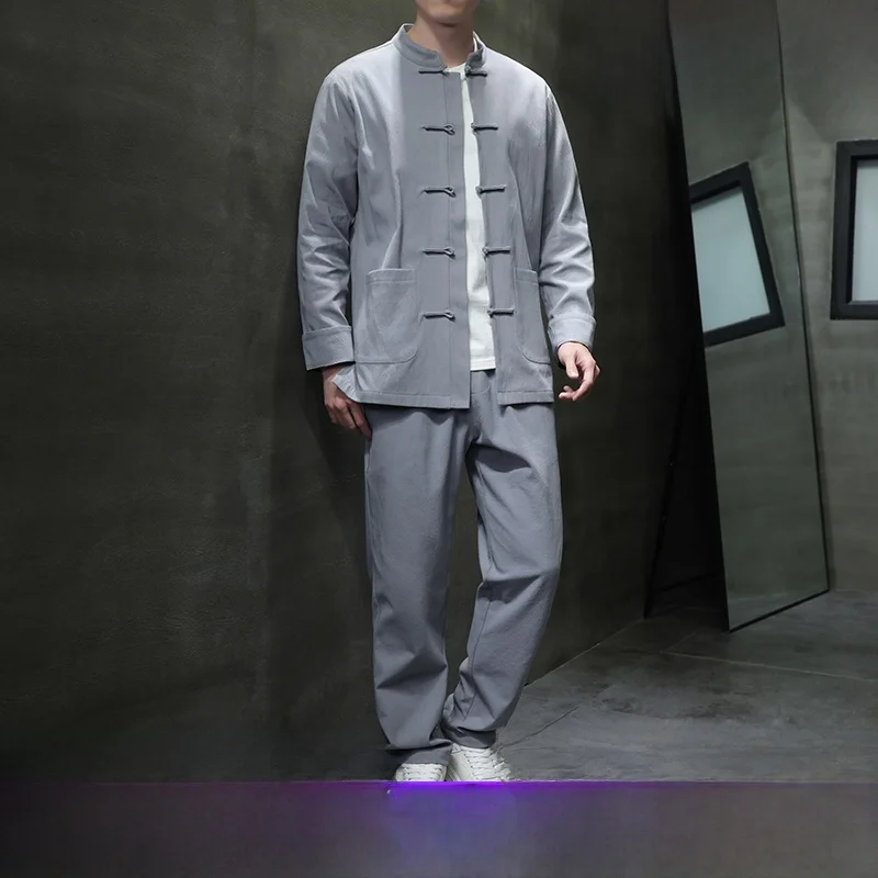 

Chinese Sle Cotton Linen Tang Suit Retro Zen Buddhist Robe ex Long Sve Hanfu Set for Spring Autumn Youth Faion