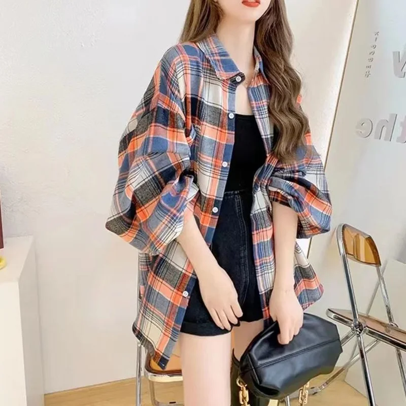 Business Casual Office Lady Simplicity Blouses Printing Plaid Buttons Casual Fashion Loose Winter Thick Warm Women\'s Clothing