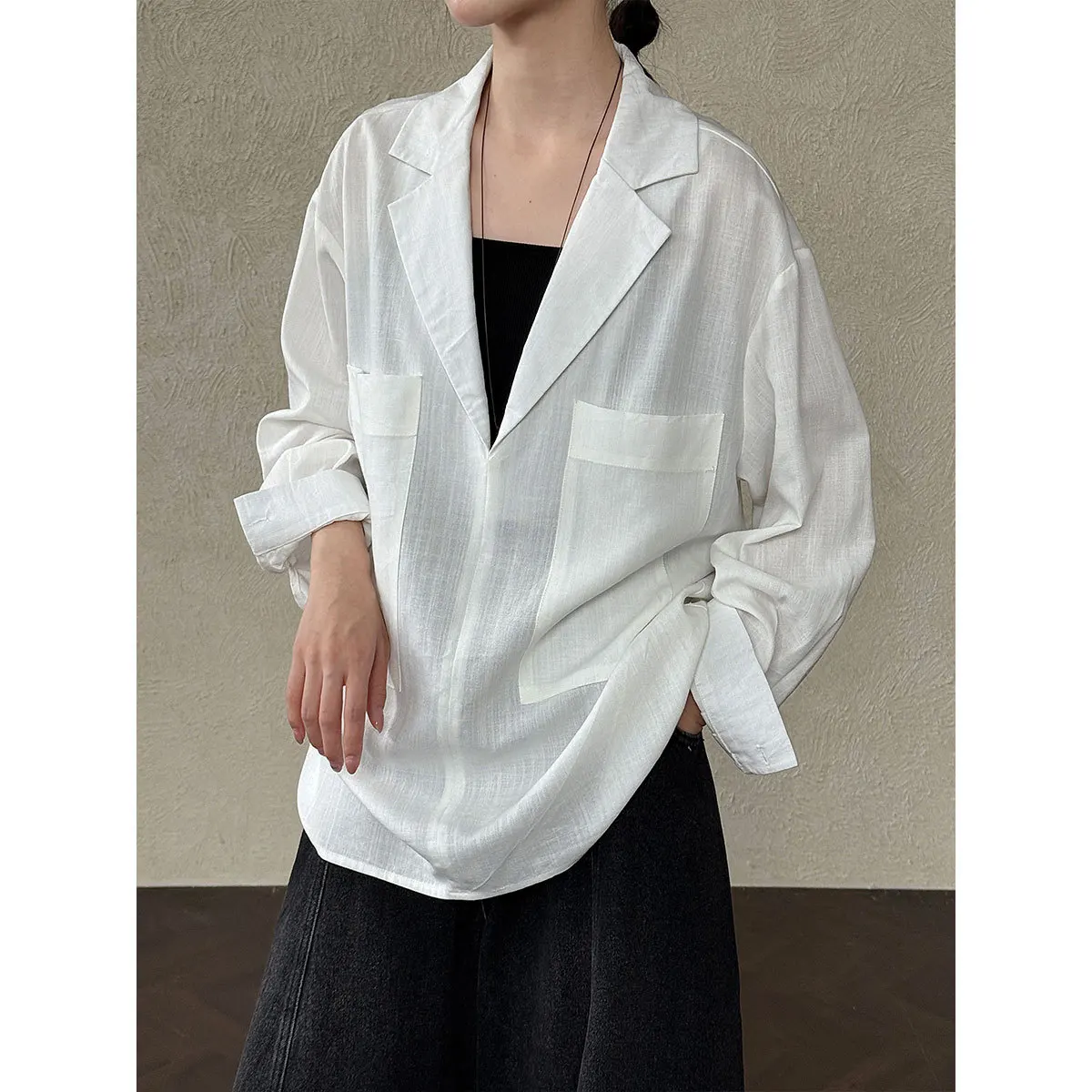 

Womens Top with Spring and Autumn Design Sense V-neck Loose Shirt Solid Color Simple and Casual Versatile Daily Wear