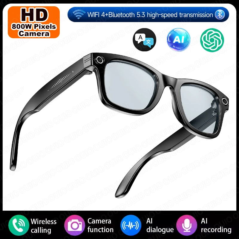 AI Photo Recognition Answer Translation Glasses HD-Definition 800W Camera Music Dual-Mic Call Color-Changing Lens Smart Glasses