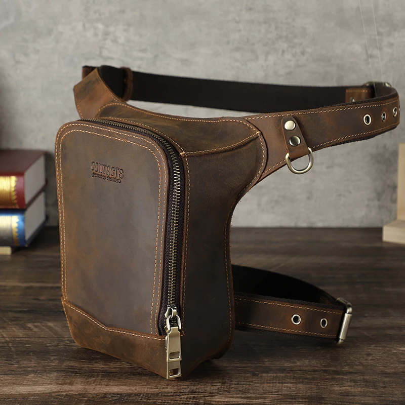 CONTACT\'S Genuine Leather Motorcycle Waist Leg Bag Men Hip Bum Pack Leg Side Bag Vintage Outdoor Rider Bag Tactical Travel Bags