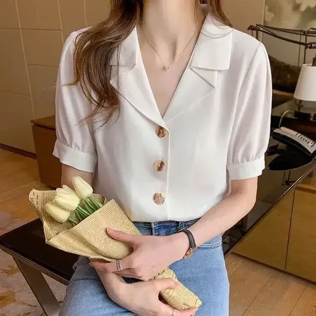 Camicia in chiffon stile coreano nuova estate con scollo a V retrò con design a maniche corte per donna