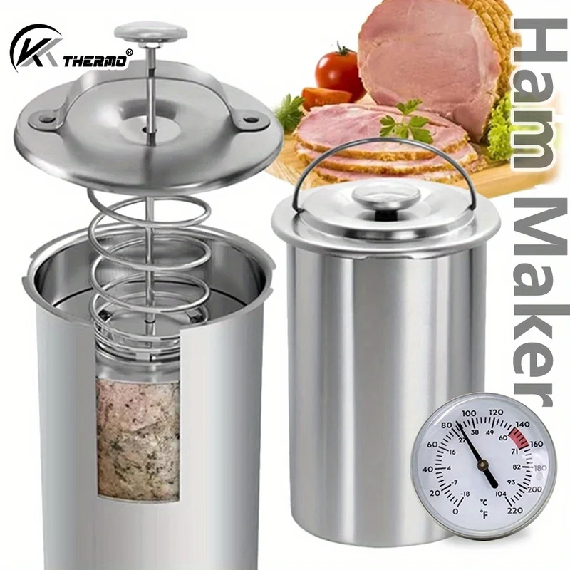 Stainless Steel Ham Maker with Meat Thermometer, DIY Homemade Ham Press Mold with Spring and Lid